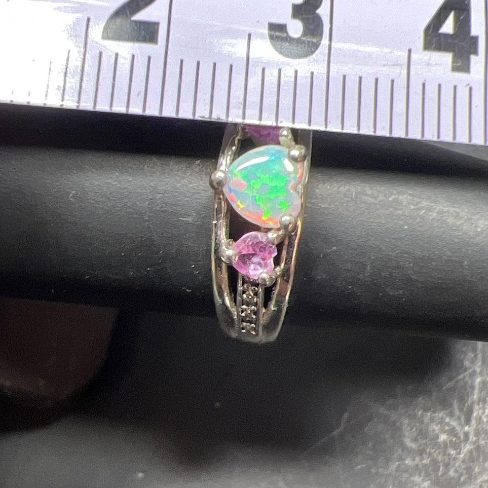 925 Sterling Silver Heart Opal, Pink Topaz & Sapphire Accent Ring Size 5.75g