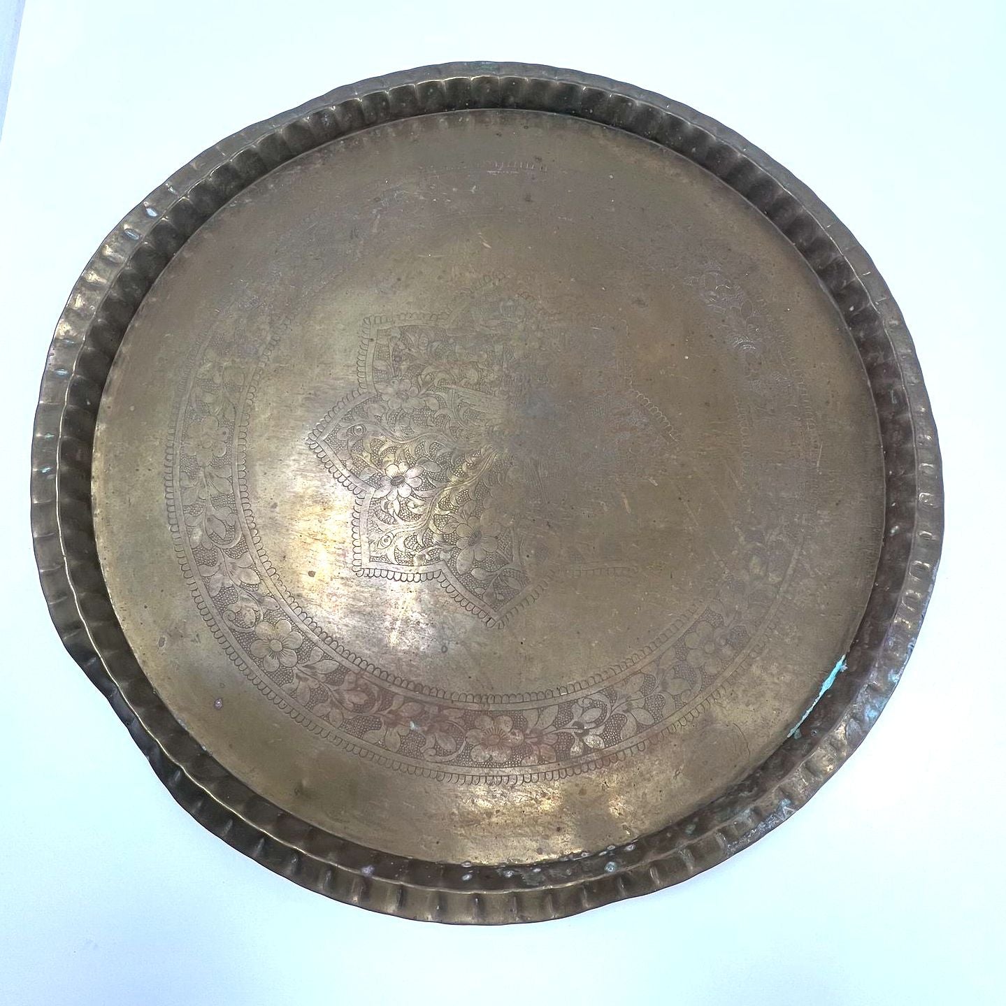 Vintage Large Brass Moroccan Indian Style Tray Table Top Embossed Floral 35.5"