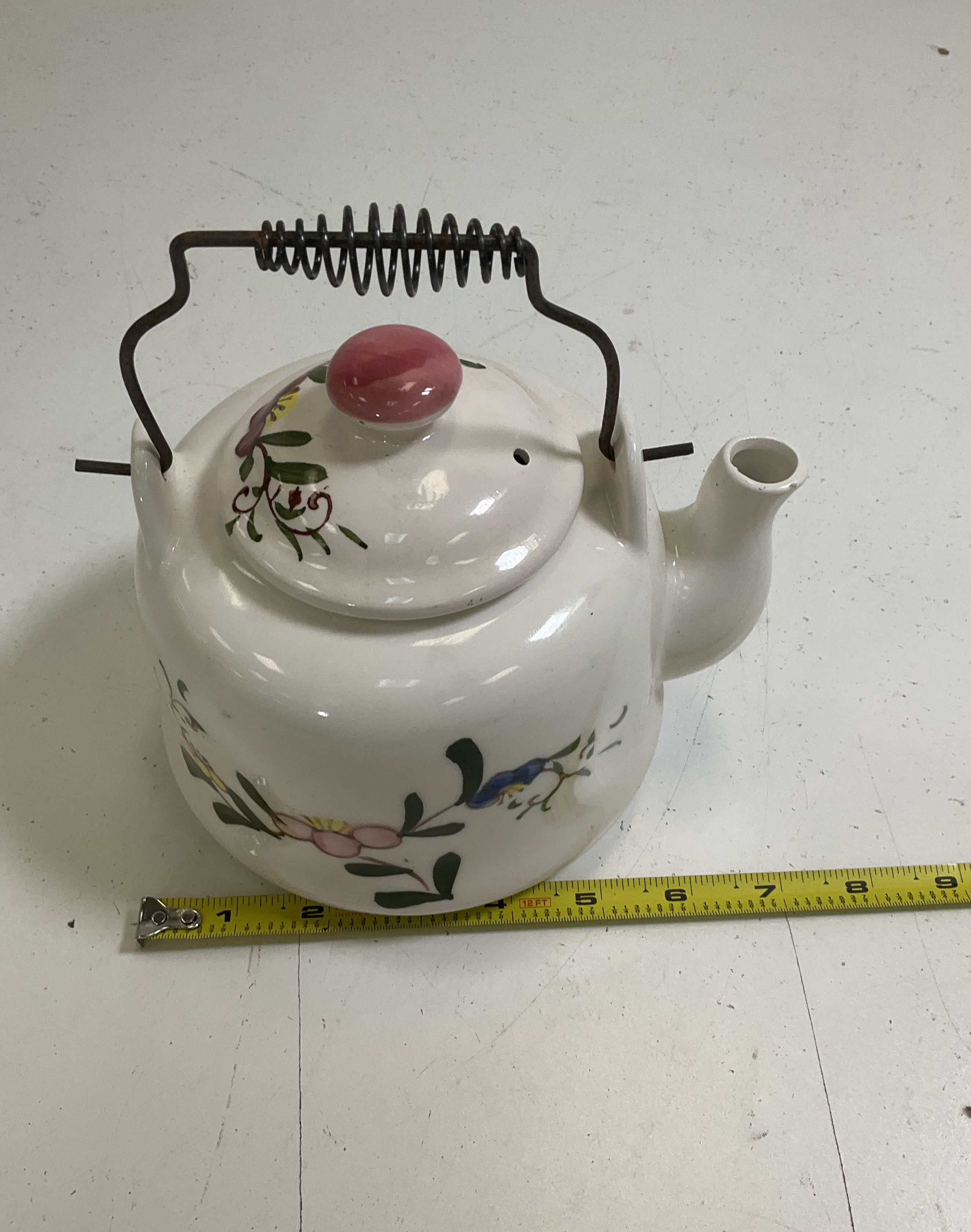 Vintage Hand Painted Floral Ceramic Teapot Kettle White Metal Bail Handle