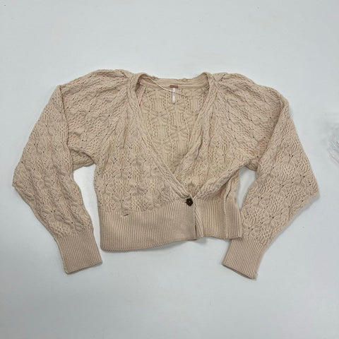Free People Bonfire Cardi Cream Cropped Knit Puff Sleeve Cardigan Women's M