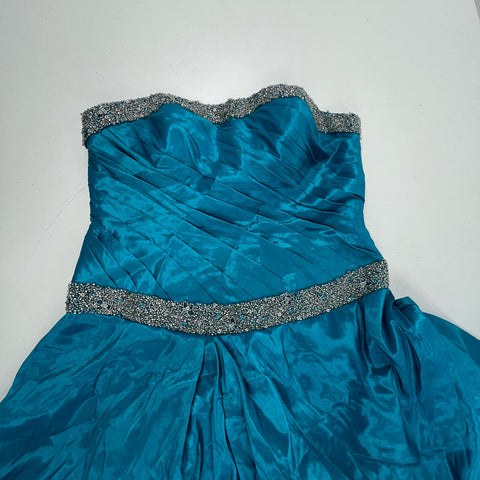 Vintage Y2K Mystique Teal Blue Beaded Strapless Taffeta Prom Gown Dress