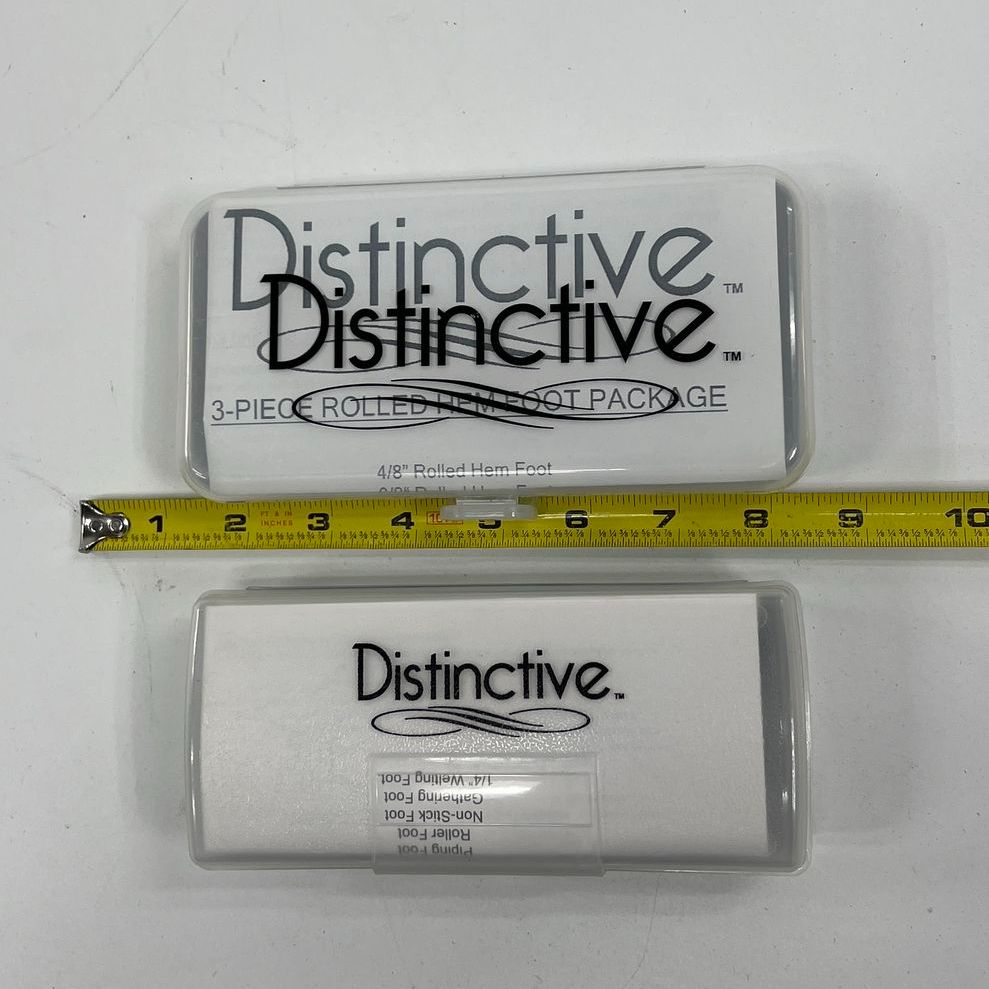 Distinctive Sewing 3-Pc Rolled Hem Foot Set & 7-Pc Home Dec Foot Set in Cases