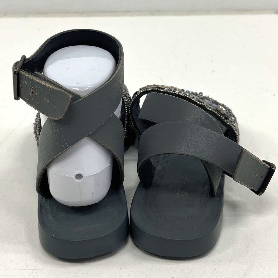 Free People Grey Beaded Sequin Ankle Strap Toe Loop Flat Sandals Size EU 37 US 7