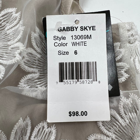 NWT Gabby Skye White Tan Embroidered Floral Lace Overlay A-Line Dress Women's 6