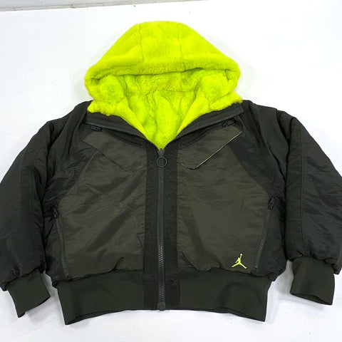 Jordan Sportswear Faux Fur Hooded Bomber Jacket Green Neon Women's Size S