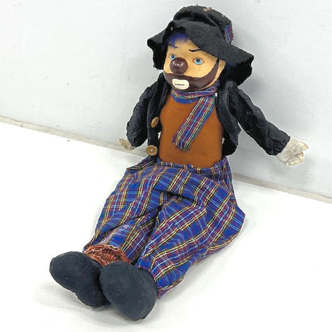 Vintage 70s Hobo Clown Doll Sad Face Hand Painted Plaid Outfit 22 in