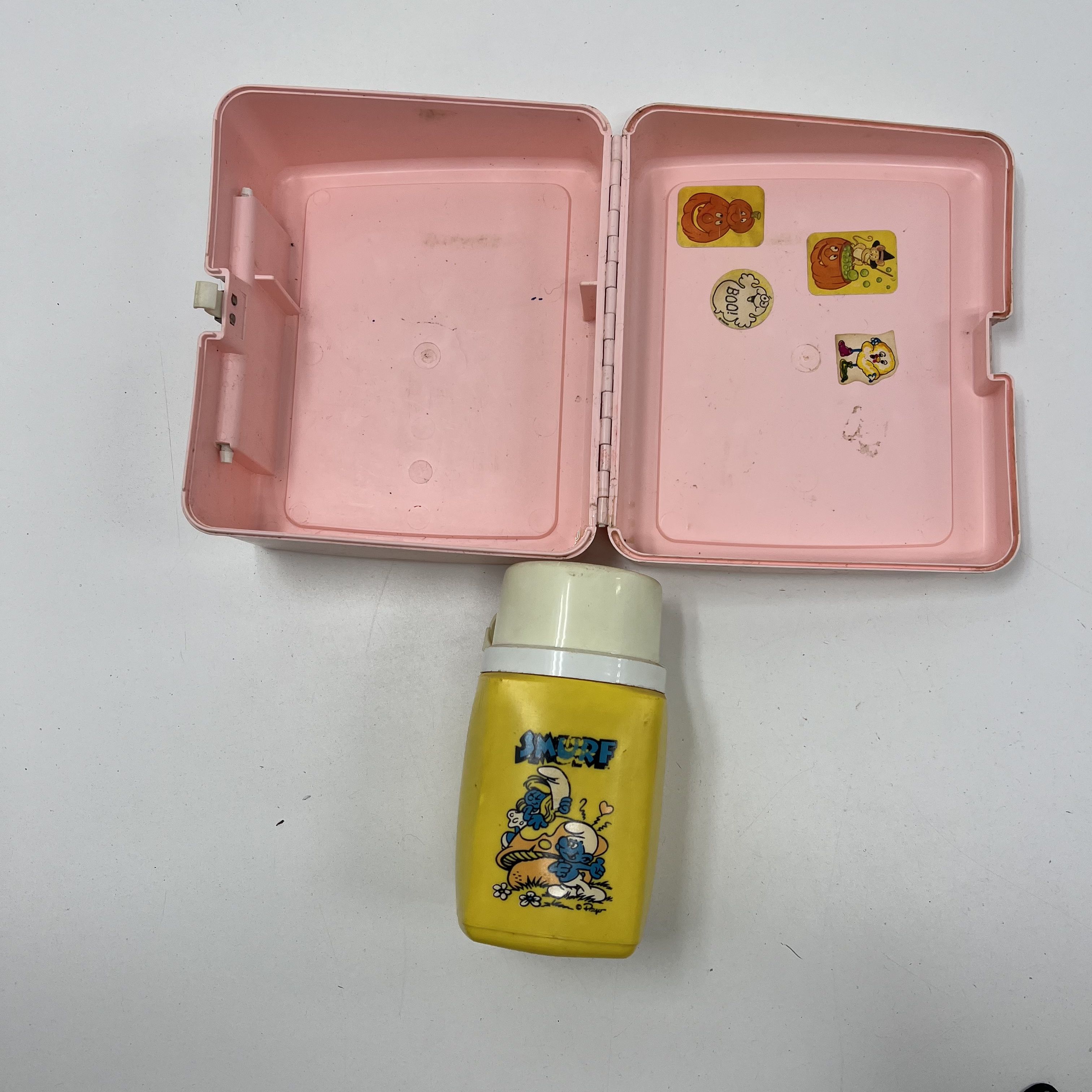 Vintage 80s Thermos Smurfette Pink Plastic Lunchbox with Yellow Smurf Thermos