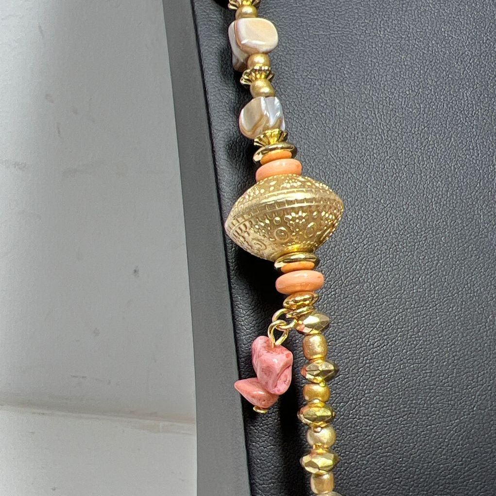 Chico's Pink & Gold Tones Beaded Boho Style Necklace