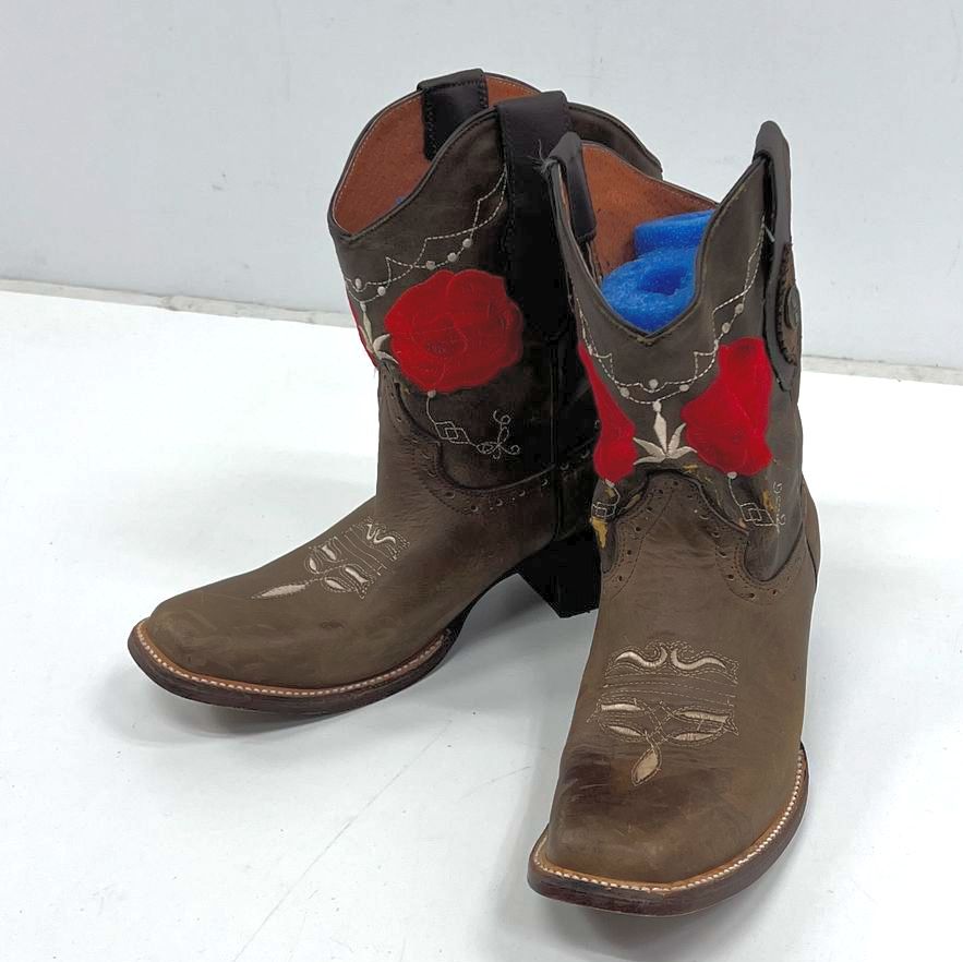 Verthali Women's Brown Floral Embroidered Faux Leather Cowboy Boots Size 9.5