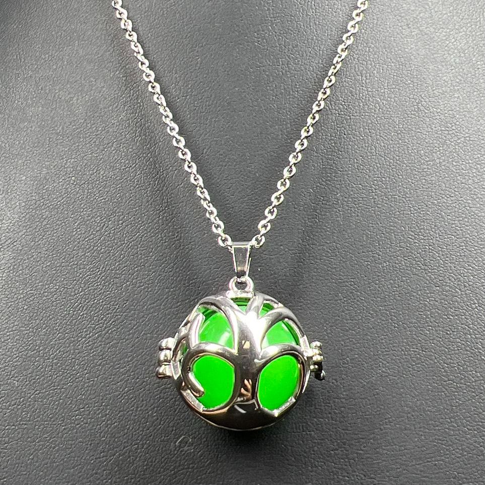 Green Night Glow Resin Caged Pendant Necklace NIB
