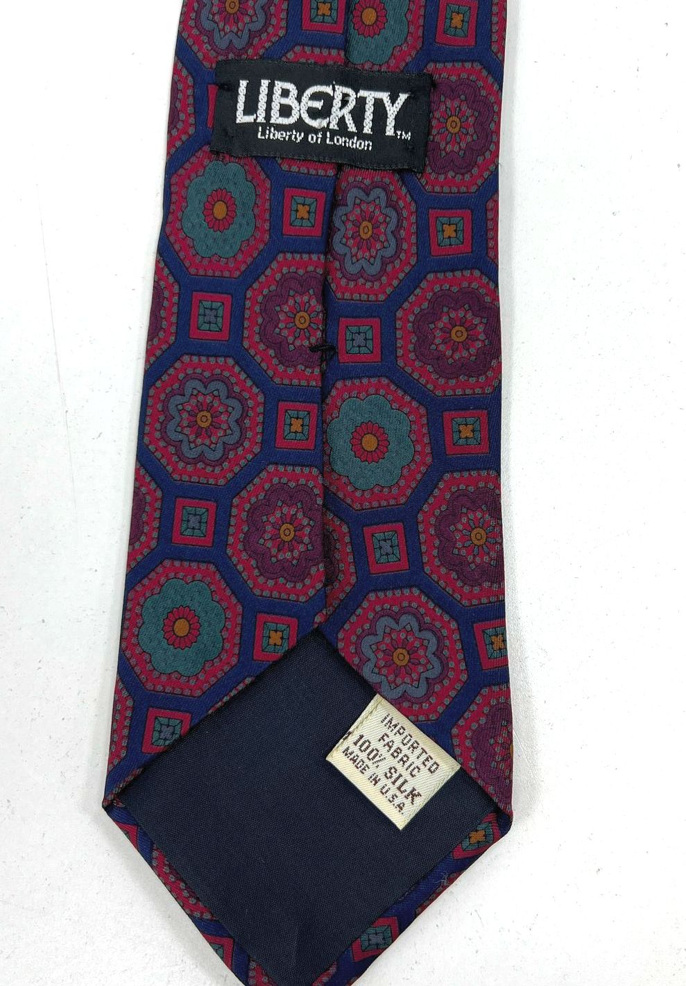 Vintage Men's Liberty of London Red Blue Medallion Print 100% Silk Neck Tie