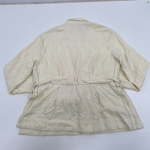 Anthropologie Ivory Belted Linen Blend Contrast Stitch Jacket Blazer Women's M