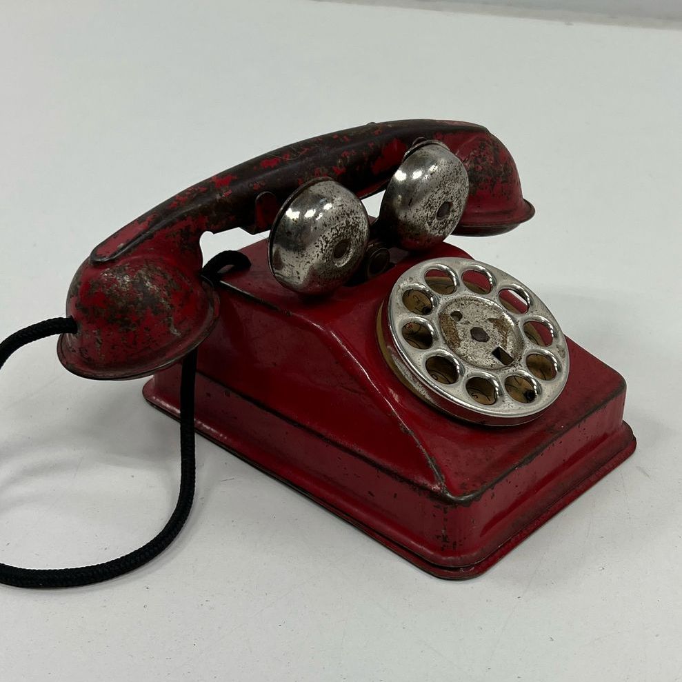 Collectible Vintage Children's Red Painted Metal Rotary Telephone Toy