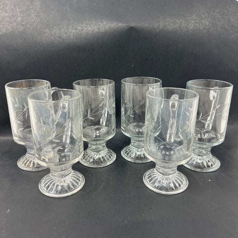 Princess House Heritage Irish Coffee Mugs 6 Piece Set Vintage Etched Glass