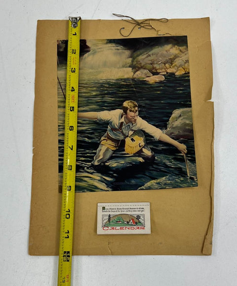 Vintage 1931 Brown & Bigelow Fishing Print w/ Calendar Angler Art 11.5x9.5"