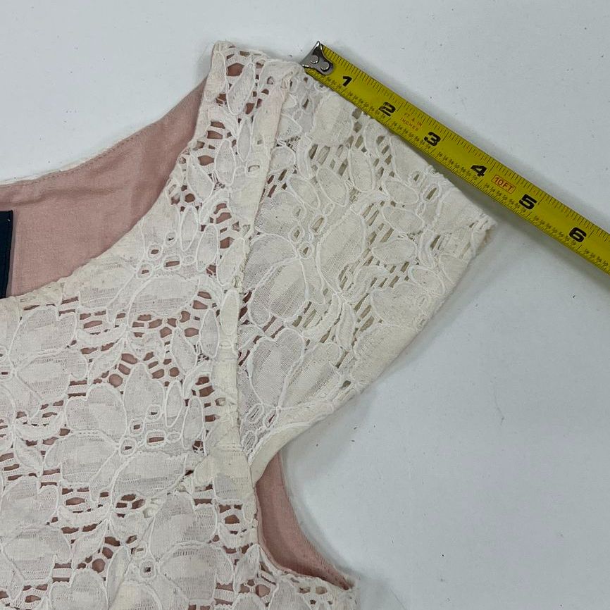 Women's Maeve by Anthro Cream Lace Pink Lining Cap Sleeve Dress - Size Small