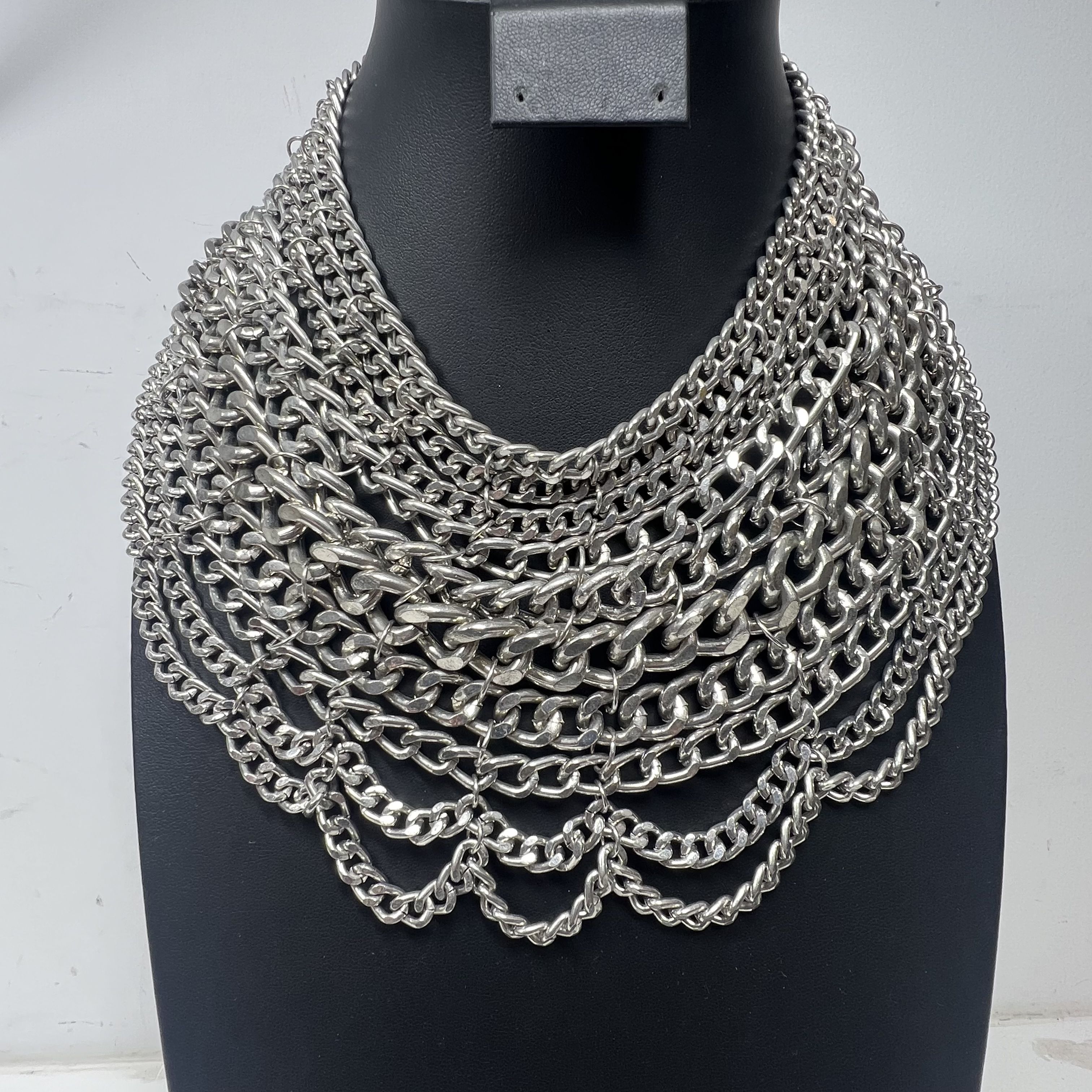 Natasha Silver Tone Multi Strand Chains Bib Choker Necklace