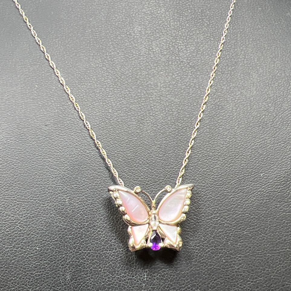 925 Sterling Silver Butterfly Abalone Amethyst Sapphire Pendant Necklace