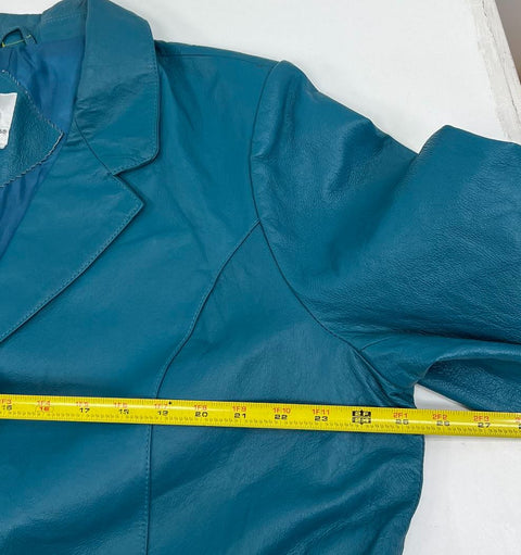 Vintage 80s Roaman's Teal Leather Double Breasted Coat Women's Plus
