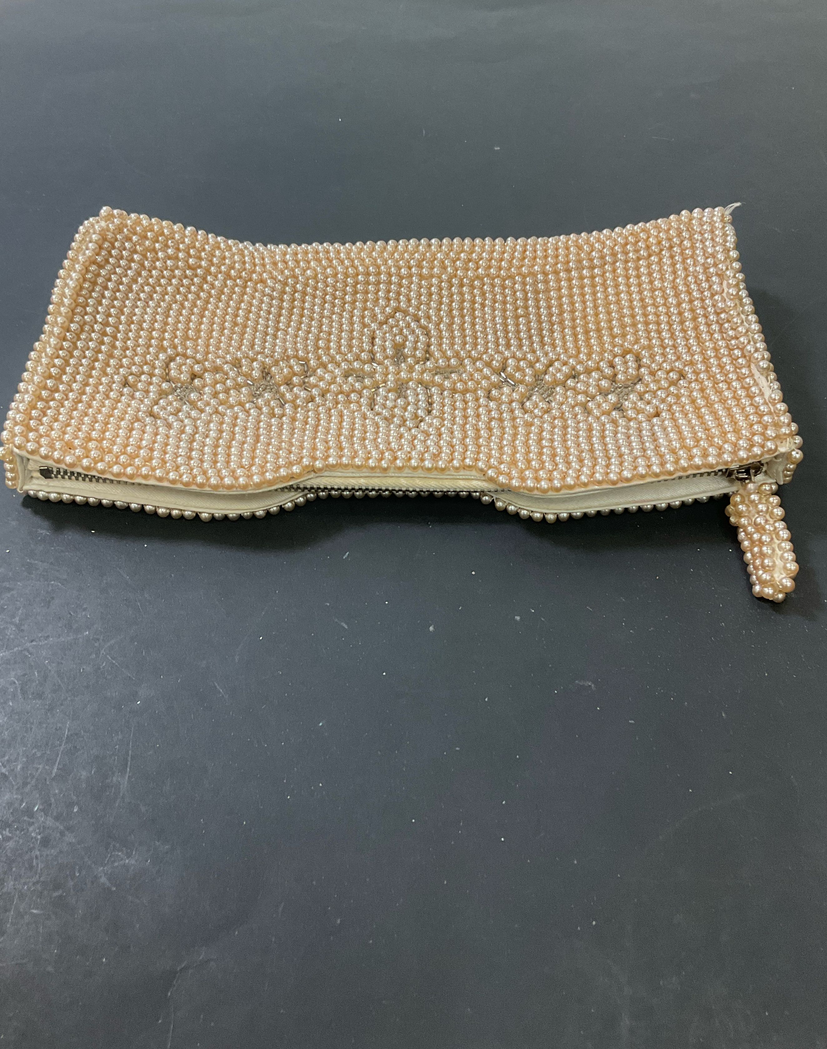 Vintage Pearlescent Beaded Floral Clutch Evening Bag Made In Japan