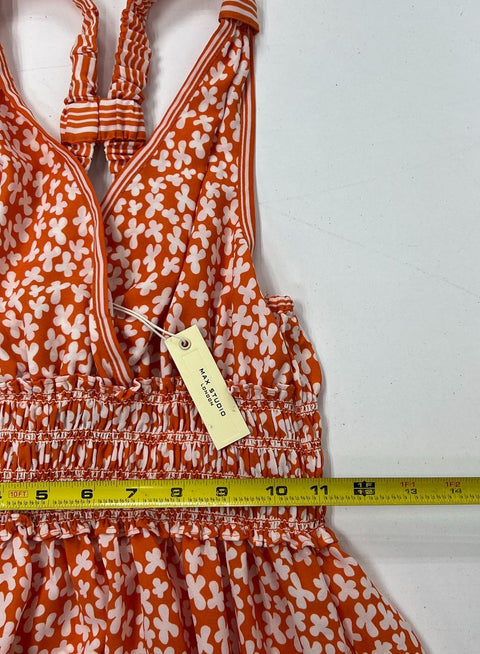 NWT Max Studio Orange White Floral Tiered Smocked Maxi Dress Women's Size S