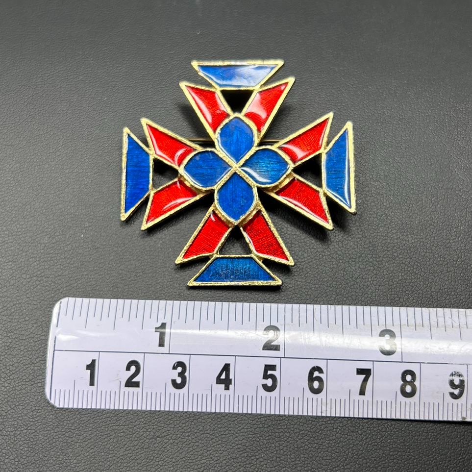 Florenza Red & Blue Enameled Maltese Cross Brooch
