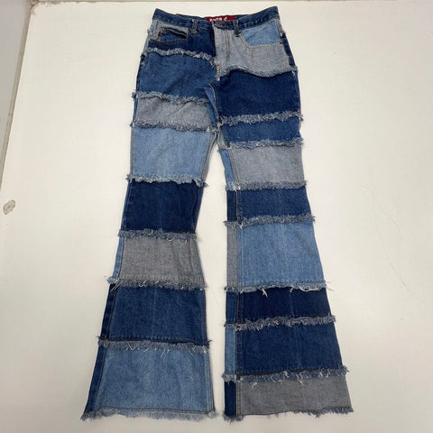 Vintage Y2K Zana Di Blue Patchwork Raw Hem Flare Bell Bottom Jeans Women's 7