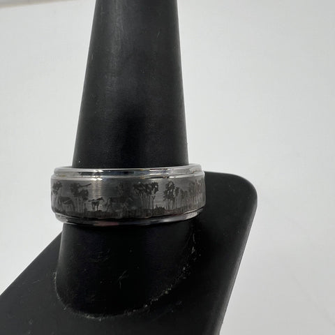 Tungsten Carbide Deer Forest Hunting Scene Wedding Band Ring Size 11