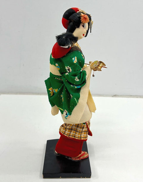 Vintage Mid-Century Japanese Geisha Doll Figure Gofun Face Kimono Wood Base