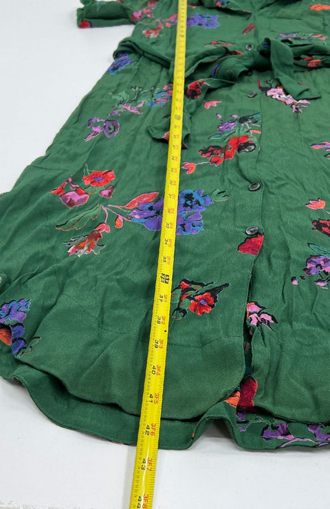 Maeve Anthropologie Green Floral Print Belted Midi Shirtdress Sz XS