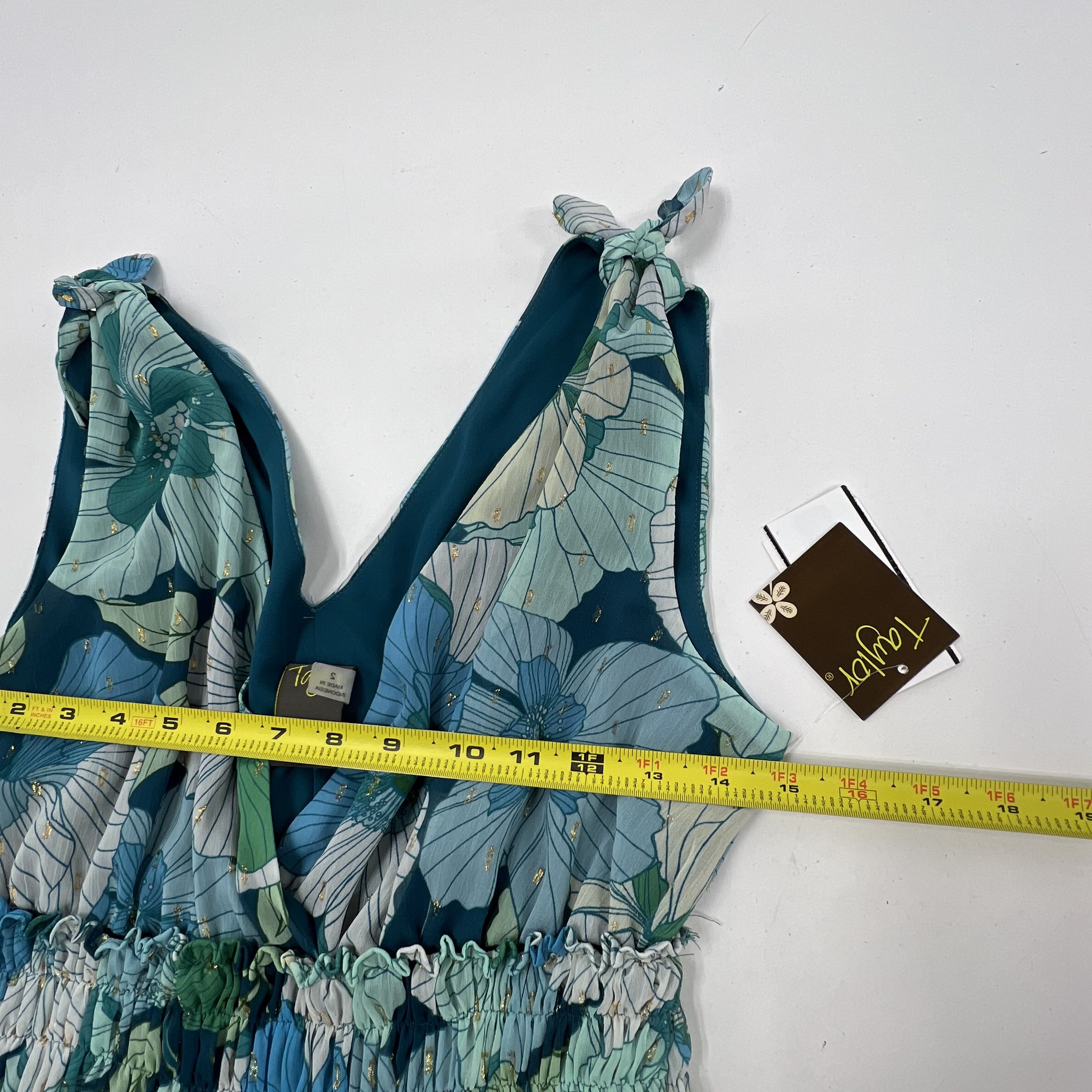Taylor Blue Green Floral Metallic Smocked Tiered Maxi Dress Size 2 NWT