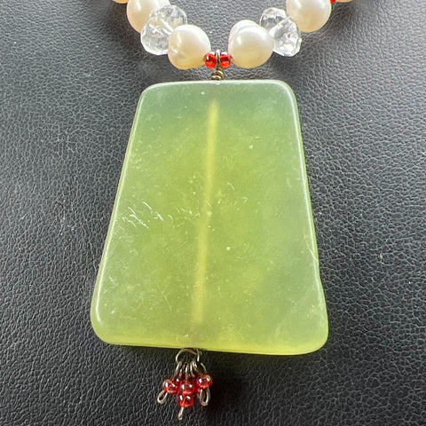 Pearl Beaded Green Stone Pendant Sterling Silver Clasp Necklace