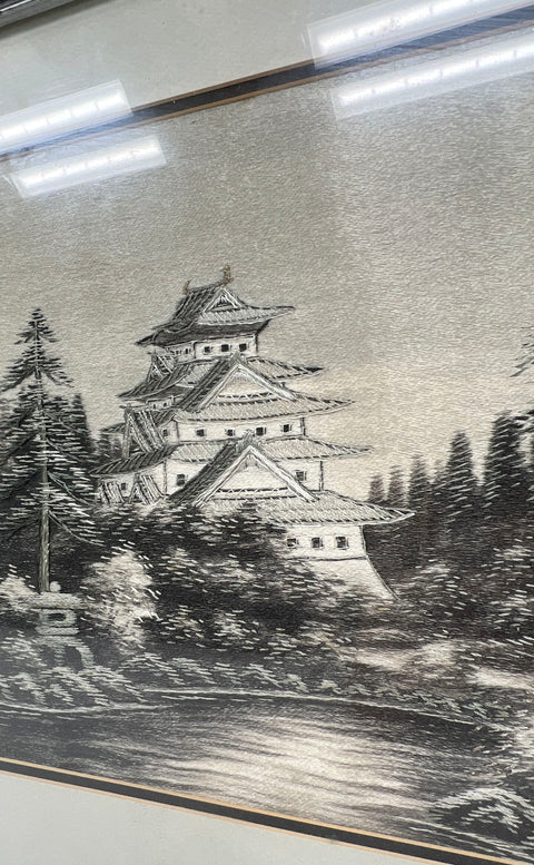 Vintage Mid-Century Japanese Castle Silk Thread Embroidered Framed Art Picture