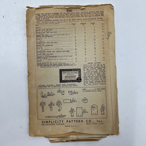 Vintage 1942 Simplicity 4089 Pattern Accessory Set Hat Bag Womens Small