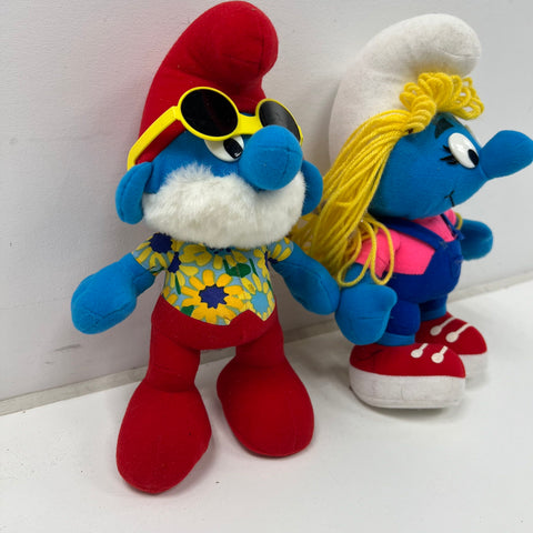 Vintage Smurfs Papa Smurf & Smurfette Plush Figure Toy Lot Wallace Berrie Style