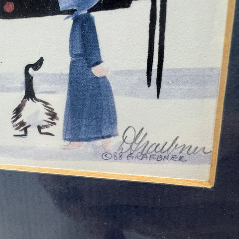 Diane Graebner Signed 1983 Print Amish Buggy Genre Scene Folk Art Framed