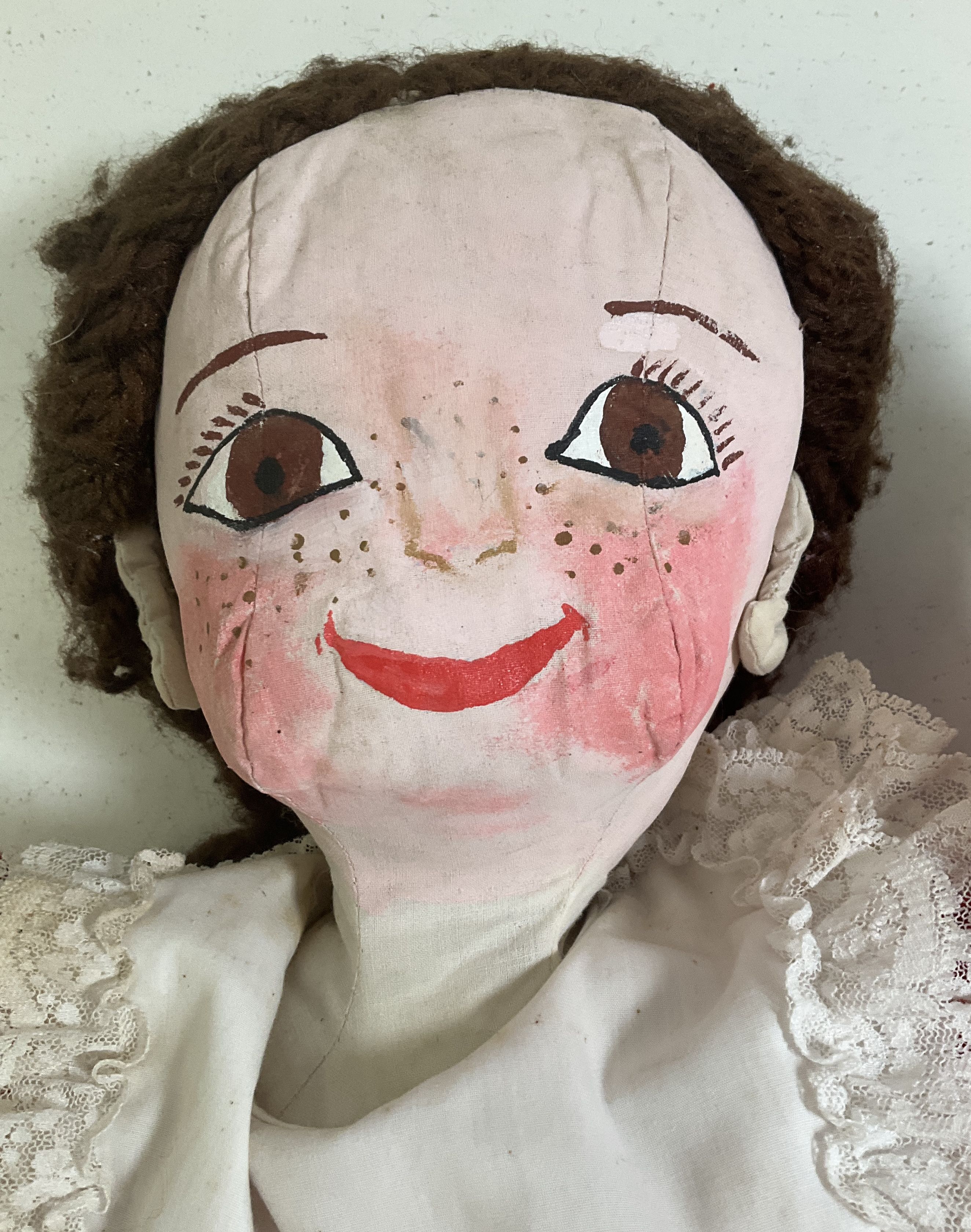Vintage Handmade Folk Art Rag Doll "Bonnie" Painted Face Yarn Hair Red Dress