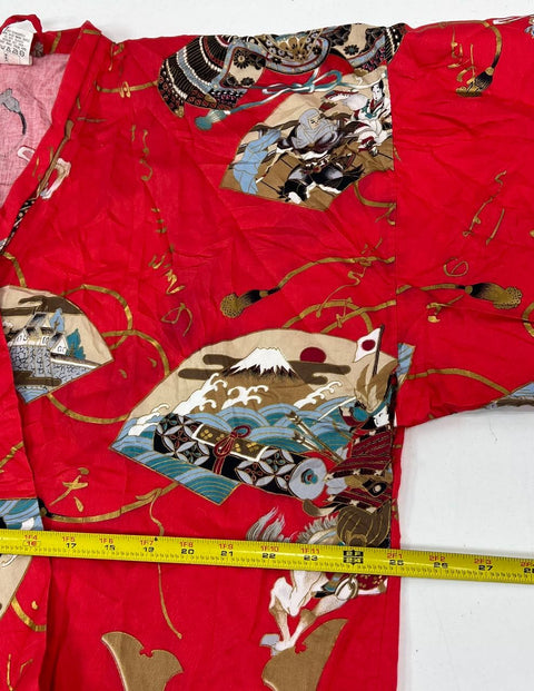 Vintage Kaburai Shoji Red Cotton Samurai Print Kimono Robe Yukata Men's 58"