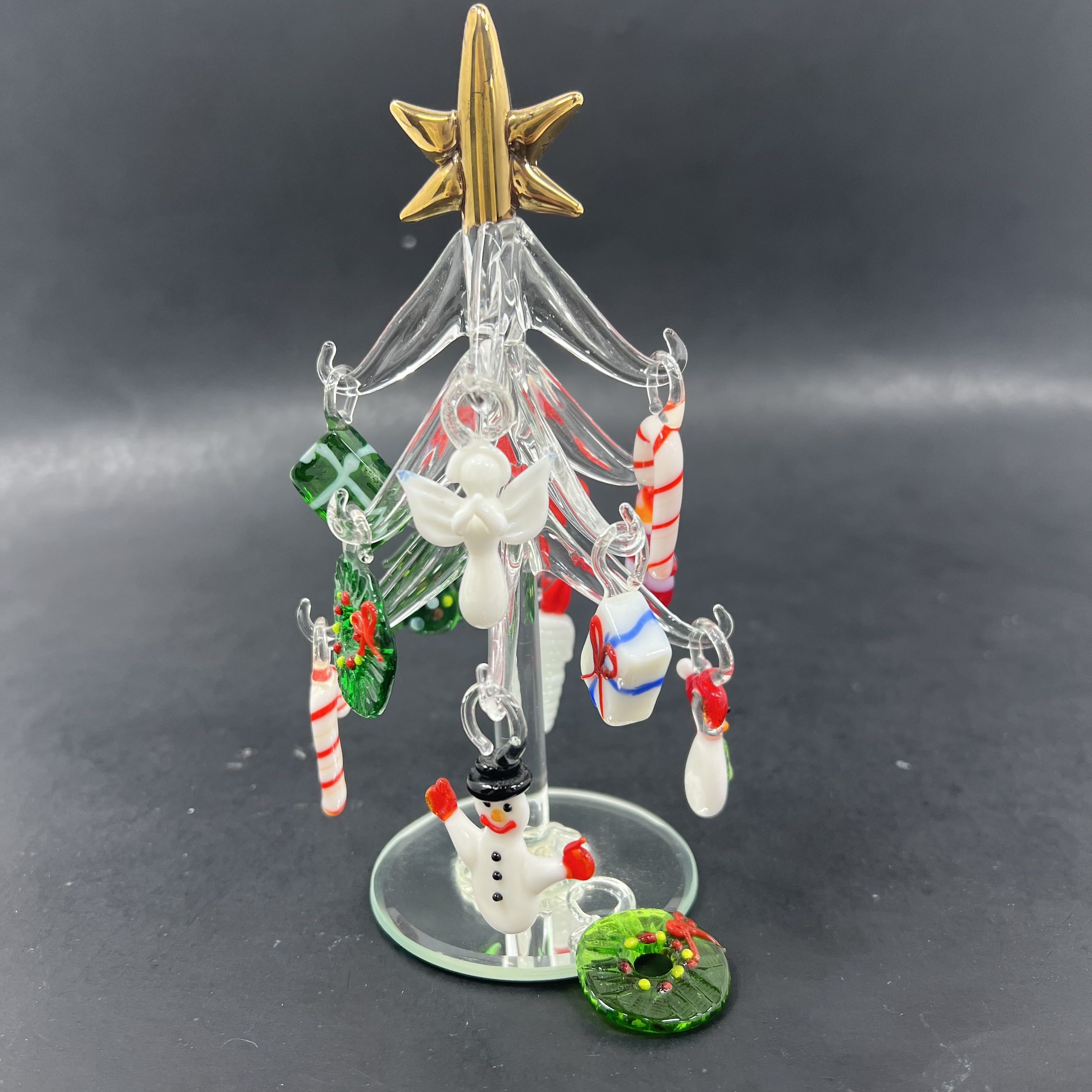 Hand Blown 13 Mini Ornaments Glass with Christmas Tree Art Glass Stand