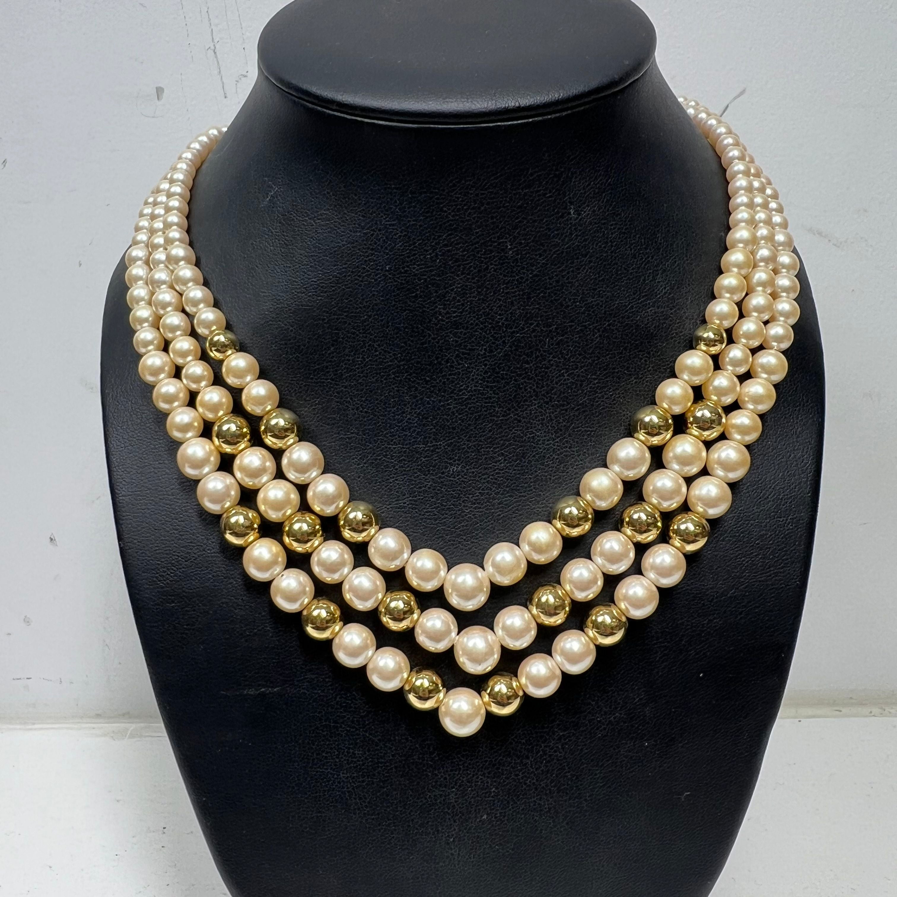Richelieu Multi Strand Pearl and Gold Tone Bead Necklace