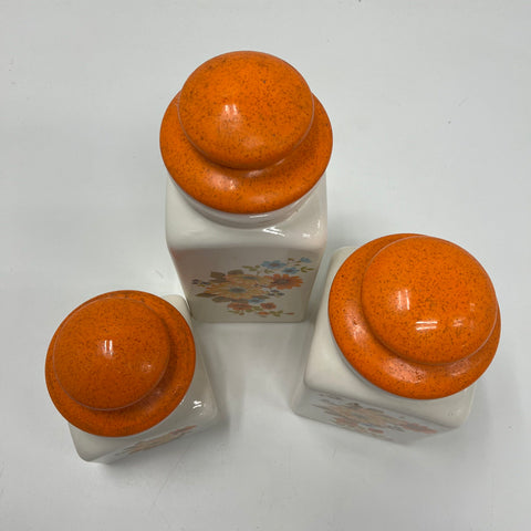 Vintage 1970s Floral Kitchen Canister Set 3 Piece Orange Lids Cream Ceramic