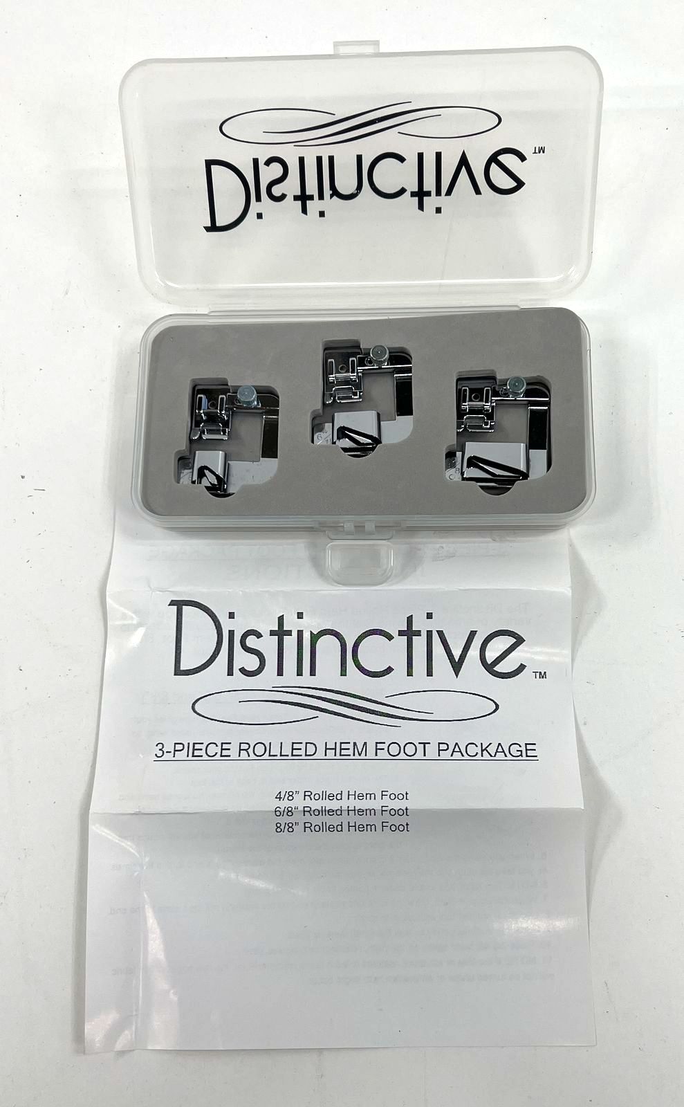 Distinctive Sewing 3-Pc Rolled Hem Foot Set & 7-Pc Home Dec Foot Set in Cases