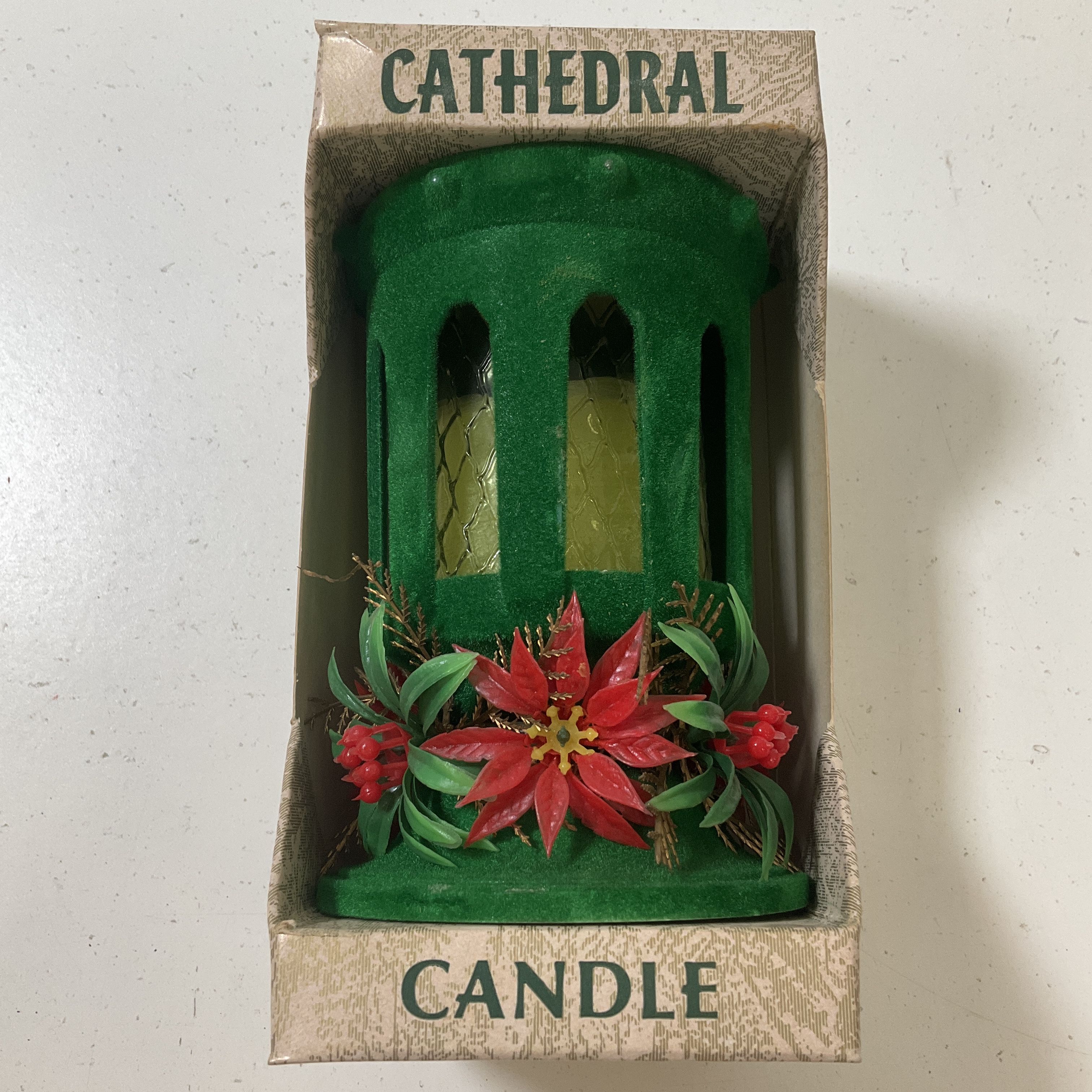 Vintage Green Flocked Cathedral Candle Christmas Decor EF Laurence Co Unused IOB