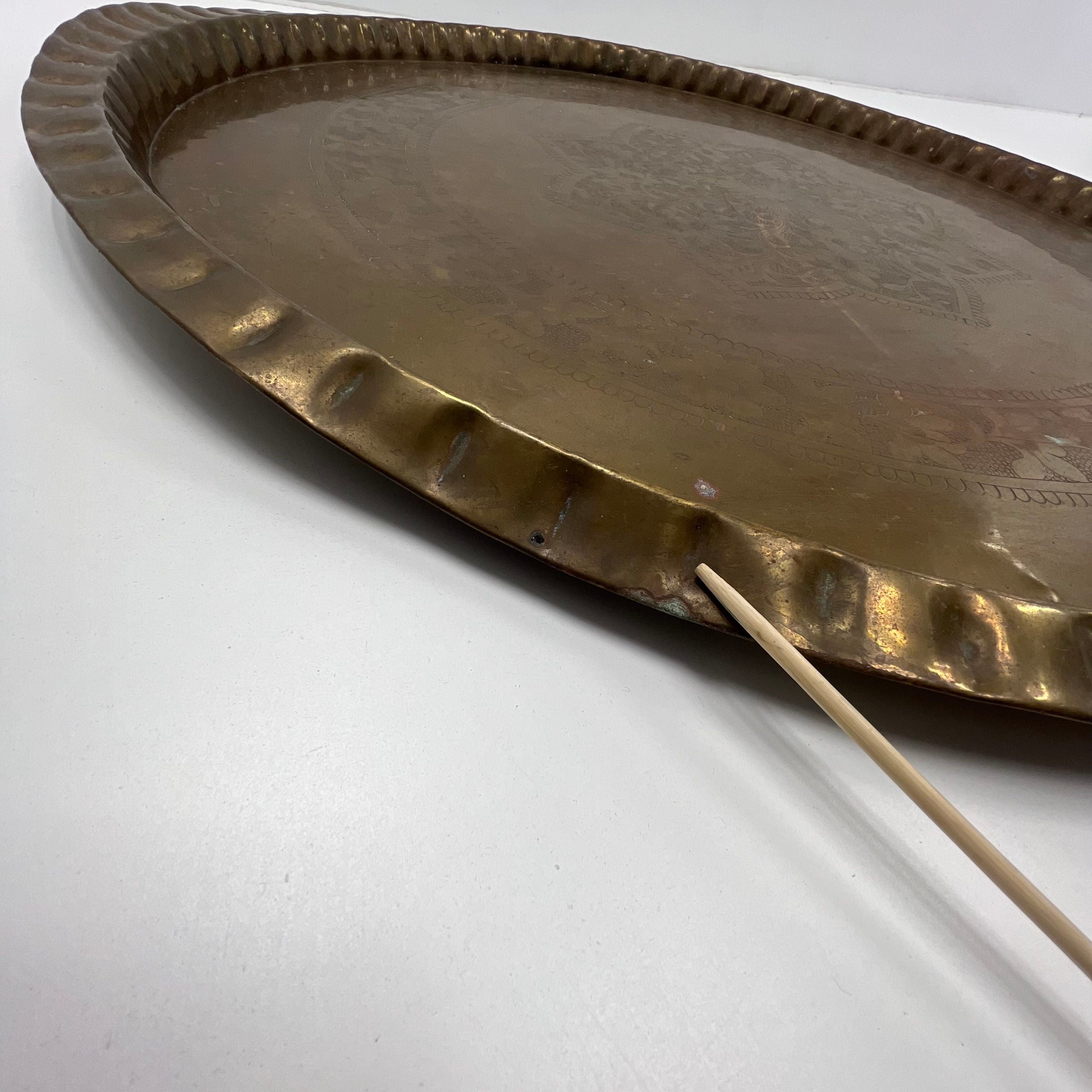 Vintage Large Brass Moroccan Indian Style Tray Table Top Embossed Floral 35.5"
