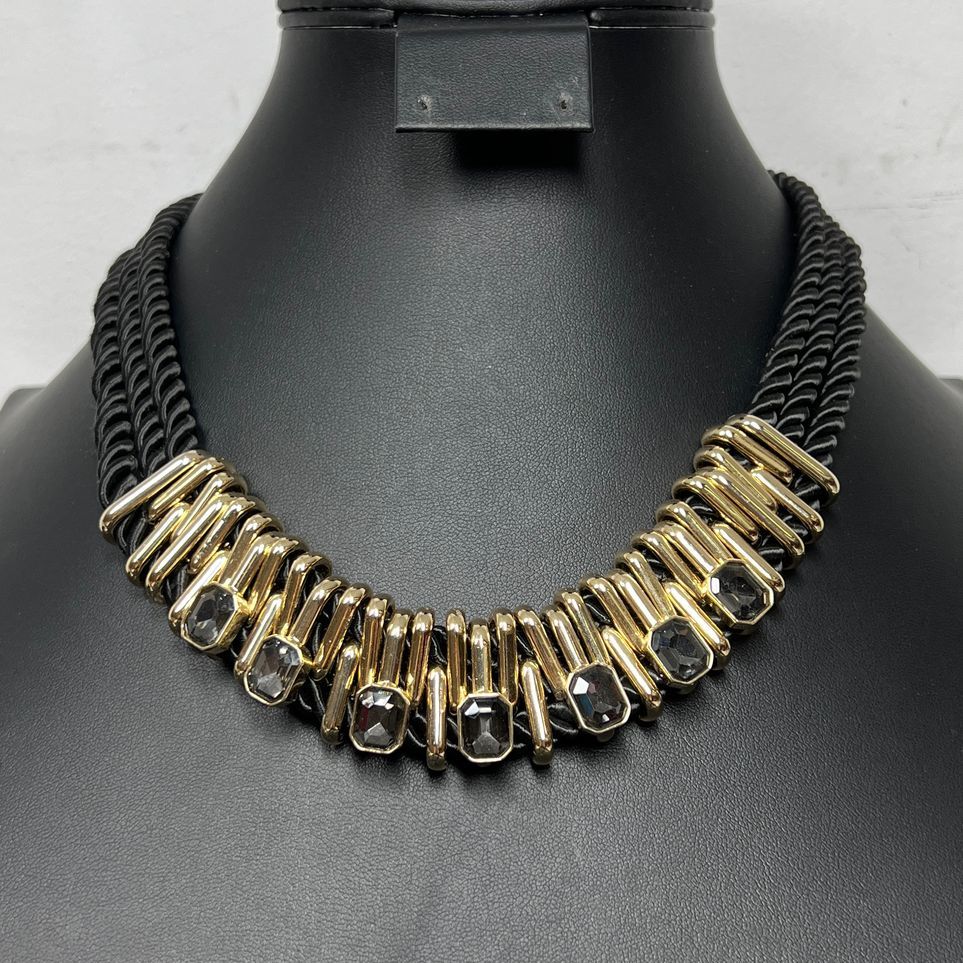White House Black Market Rhinestone Cord Gold tone Necklace