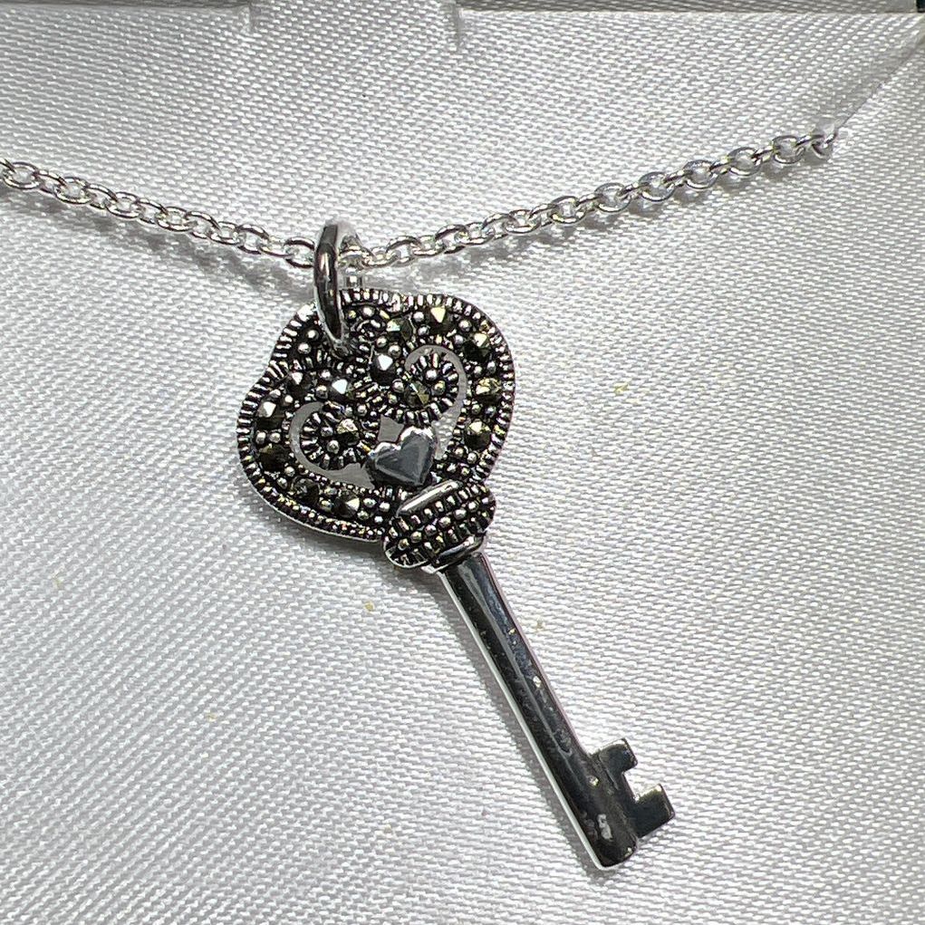 Fine Silver Plated Marcasite Key Pendant Necklace NIB