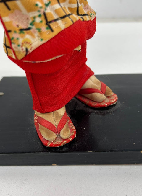 Vintage Mid-Century Japanese Geisha Doll Figure Gofun Face Kimono Wood Base