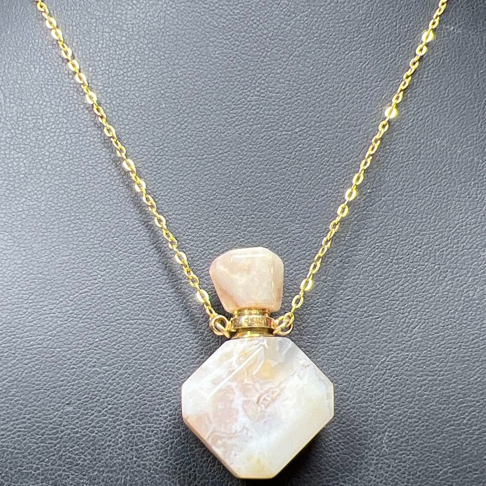 Beige White Marbled Stone Bottle Pendant Gold Tone Chain Necklace
