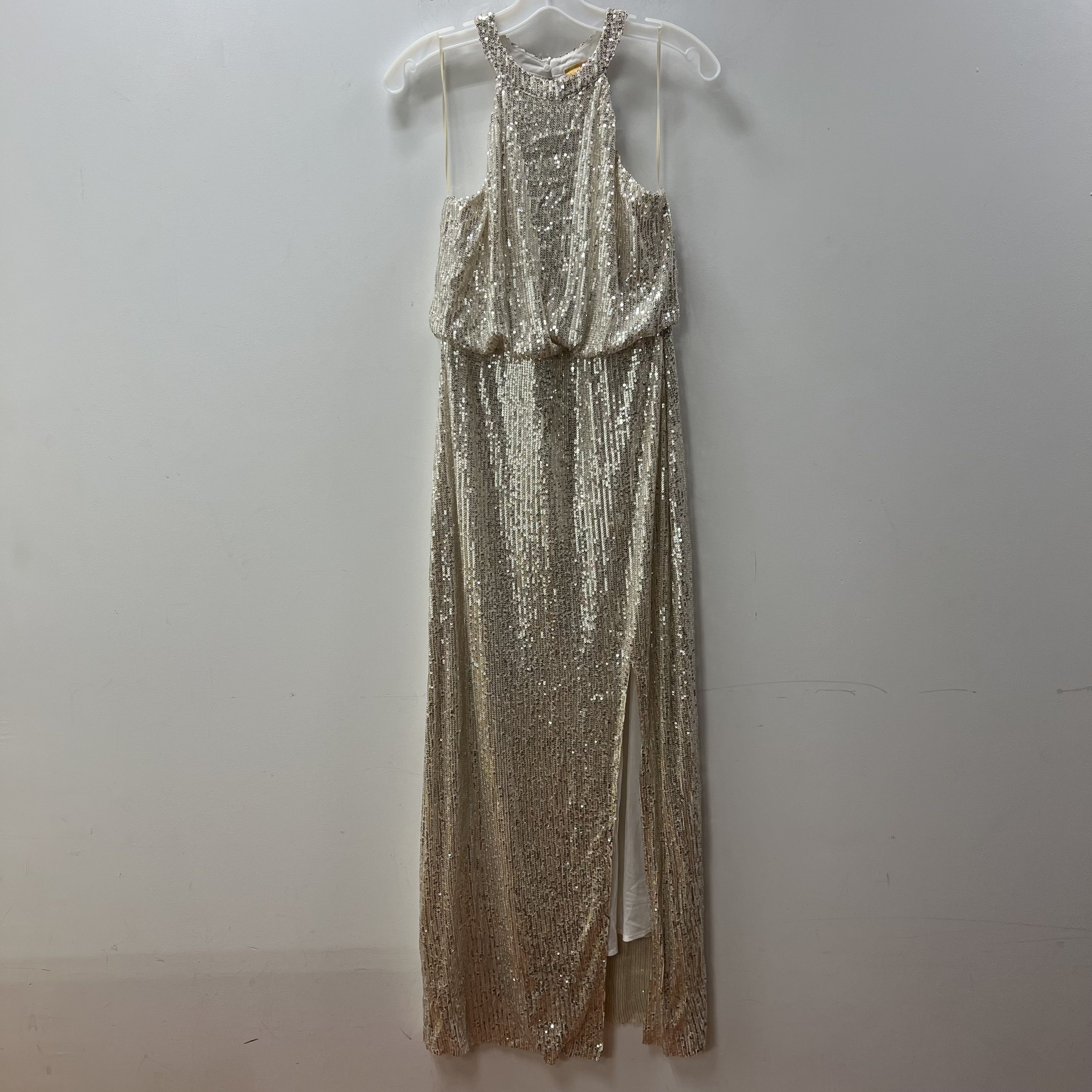Lot of 2 Scrap Work Boutique Sequins Ivory Formal Dress Leg Slit Halter Med NWT