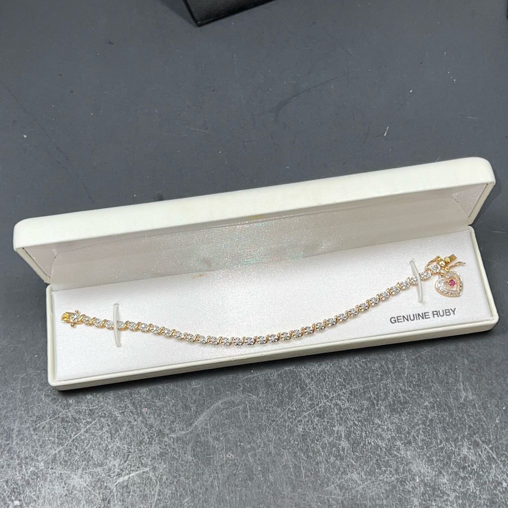 18K Over Sterling Silver Genuine Ruby Diamond Accent Tennis Bracelet NIB